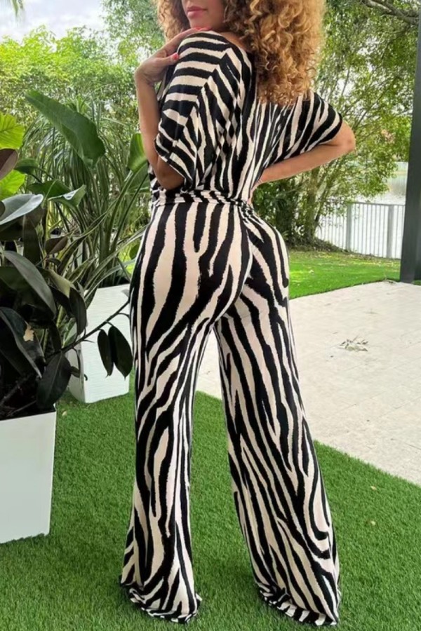 Casual Striped Print Pocket V Neck Short Sleeve Two Pieces main image 1