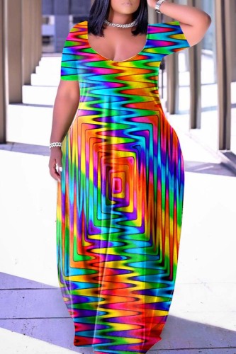 Orange Blue Casual Print Basic V Neck Short Sleeve Dress Dresses