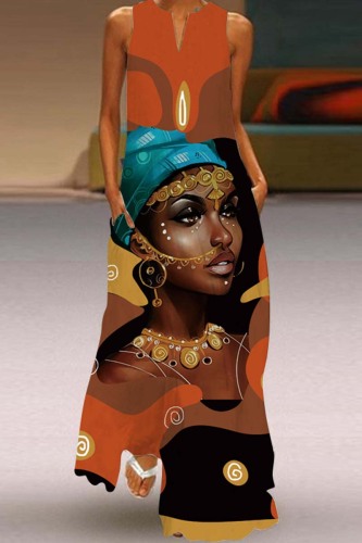 Dark Orange Casual Print Basic V Neck Long Dress Dresses