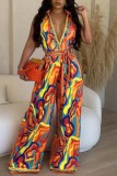 Orange Casual Print Patchwork Turndown Collar Regular Jumpsuits