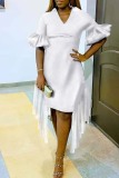 White Casual Solid Patchwork V Neck Long Dress Plus Size Dresses