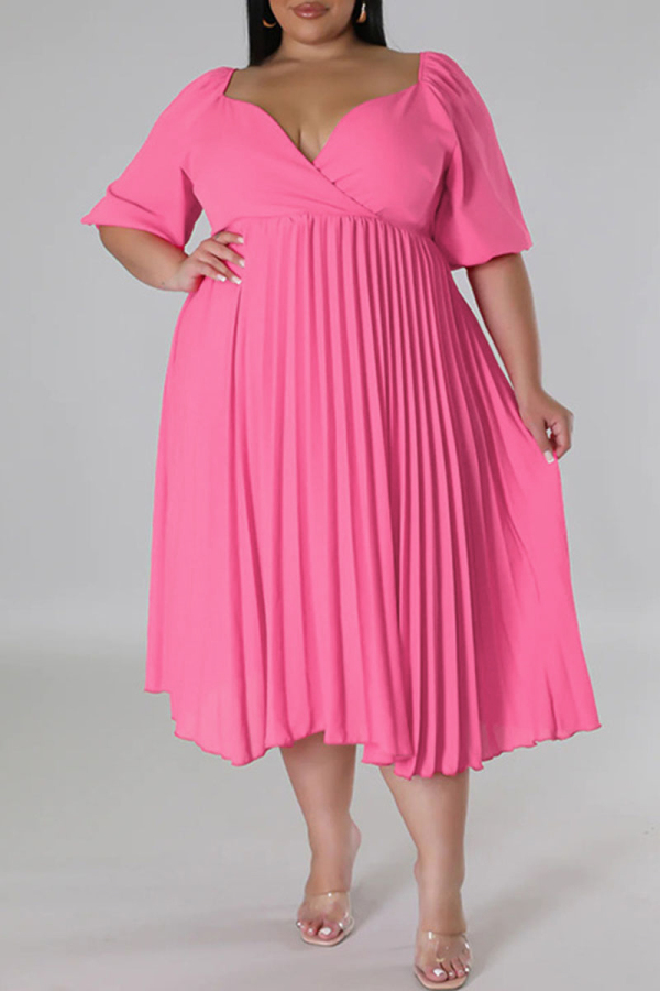 Rose Red Casual Solid Patchwork Fold V Neck Straight Plus Size Dresses