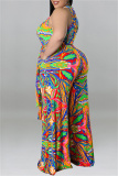 Yellow Tropical Print Sleeveless Mock Neck Tie Up Slim Fit Plus Size Casual Vacation Wide Leg Jumpsuit