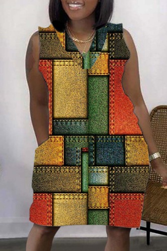 Orange Casual Print Basic V Neck Sleeveless Dress Dresses