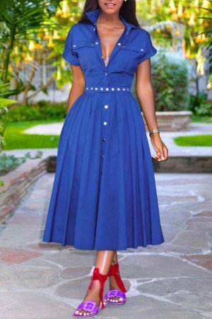 Blue Casual Solid Basic Turndown Collar Short Sleeve Dress Dresses