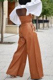 Brown Sexy Casual Street Solid Patchwork Zipper Strapless Regular Jumpsuits(With Belt)