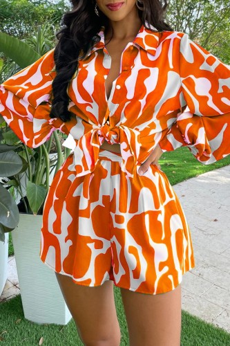 Orange Casual Print Basic Shirt Collar Long Sleeve Two Pieces
