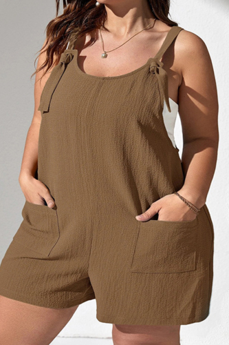 Coffee Casual Solid Backless Spaghetti Strap Plus Size Romper