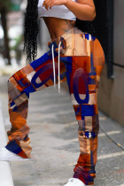 Coffee Casual Print Fold Basic Regular High Waist Conventional Full Print Trousers