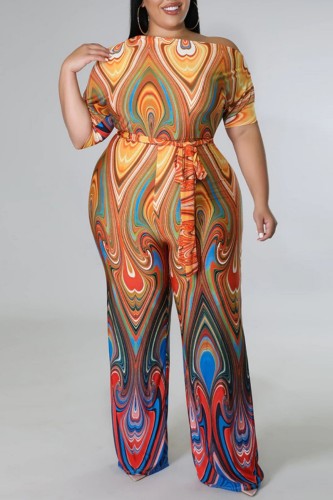 Orange Fashion Casual Print Bandage Oblique Collar Plus Size Jumpsuits