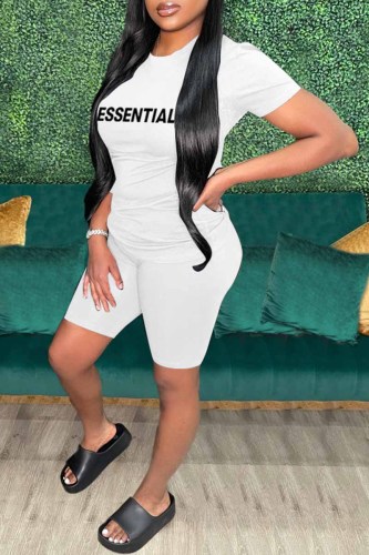 White Street Print Letter O Neck Short Sleeve Two Pieces