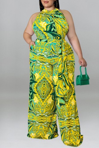 Yellow Tropical Print Sleeveless Mock Neck Tie Up Slim Fit Plus Size Casual Vacation Wide Leg Jumpsuit