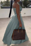 Light Blue Sleeveless Strapless Ruched Crop Top and Side Slit Maxi Skirt Casual Vacation Two Piece Dress