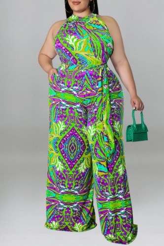 Purple Tropical Print Sleeveless Mock Neck Tie Up Slim Fit Plus Size Casual Vacation Wide Leg Jumpsuit