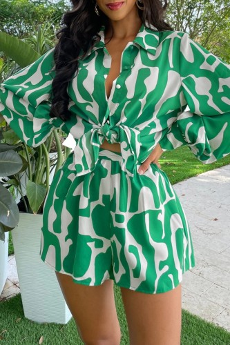 Green Casual Print Basic Shirt Collar Long Sleeve Two Pieces