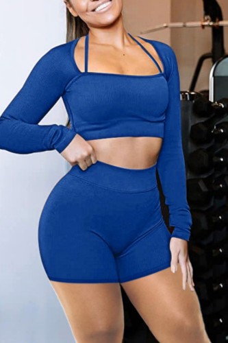 Blue Casual Sportswear Solid Patchwork Square Collar Long Sleeve Two Pieces
