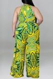 Blue Tropical Print Sleeveless Mock Neck Tie Up Slim Fit Plus Size Casual Vacation Wide Leg Jumpsuit