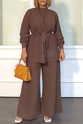 Brown Casual Solid Basic Half A Turtleneck Long Sleeve Two Pieces