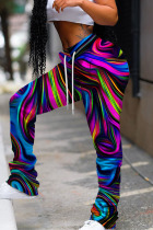 Blue Casual Print Fold Basic Regular High Waist Conventional Full Print Trousers