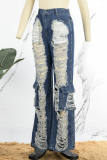 Light Blue Street Solid Ripped Make Old Patchwork High Waist Denim Jeans