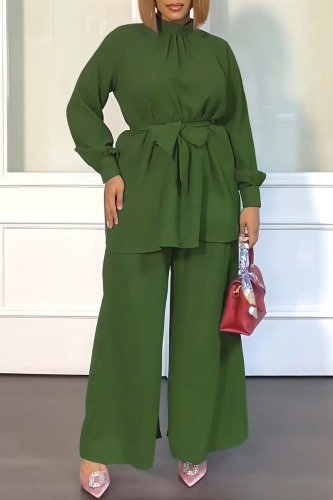 Green Casual Solid Basic Half A Turtleneck Long Sleeve Two Pieces