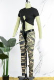 Camouflage Sexy Street Print Camouflage Print Bandage Patchwork O Neck Short Sleeve Two Pieces