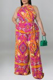 Blue Tropical Print Sleeveless Mock Neck Tie Up Slim Fit Plus Size Casual Vacation Wide Leg Jumpsuit