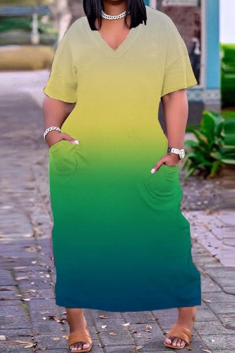 Green Casual Print Patchwork V Neck Short Sleeve Dress Dresses