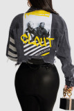 Black Street Print Make Old Patchwork Buckle Turndown Collar Long Sleeve Straight Denim Jacket