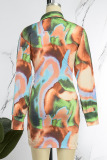 Multicolor Casual Print Hollowed Out Turndown Collar Long Sleeve Dresses