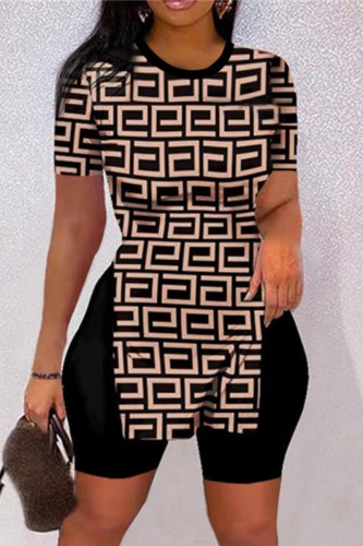 Black khaki Casual Print Slit O Neck Short Sleeve Two Pieces