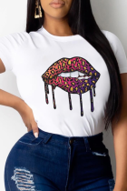 White Casual Street Lips Printed Patchwork O Neck T-Shirts