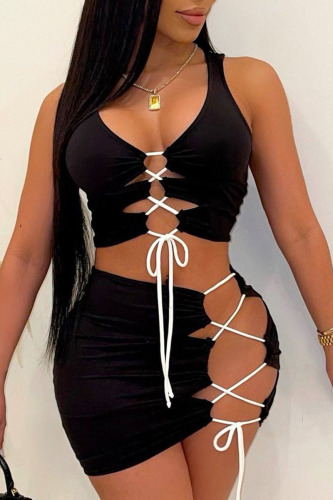 Black Sexy Casual Street Party Solid Cross Straps U Neck Sleeveless Two Pieces