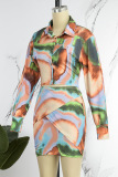 Multicolor Casual Print Hollowed Out Turndown Collar Long Sleeve Dresses