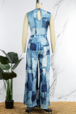Blue White Casual Print Hollowed Out Basic O Neck Sleeveless Two Pieces