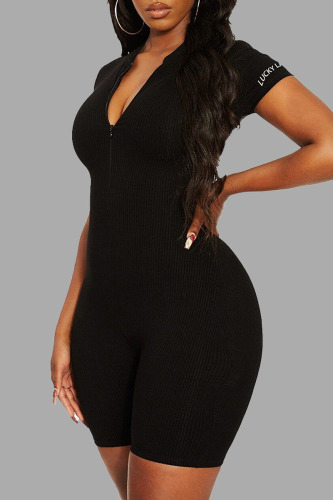 Black Casual Street Sportswear Letter Solid Zipper Zipper Collar Skinny Rompers