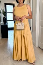 Earth Yellow Casual Solid Basic O Neck Long Dress Dresses
