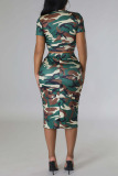 Green Sexy Casual Street Camouflage Print Patchwork Pocket Slit O Neck Short Sleeve Two Pieces