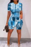 Blue Casual Print Slit O Neck Short Sleeve Two Pieces