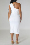 White Sexy Solid Backless Slit Oblique Collar Sleeveless Dress Dresses