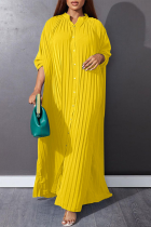 Yellow Casual Solid Buckle O Neck Dresses