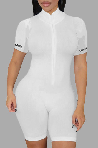 White Casual Street Sportswear Letter Solid Zipper Zipper Collar Skinny Rompers