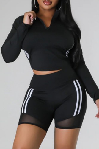 Black Casual Solid Patchwork V Neck Long Sleeve Two Pieces