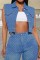 Blue Casual Solid Patchwork Turndown Collar Sleeveless Regular Denim Waistcoats