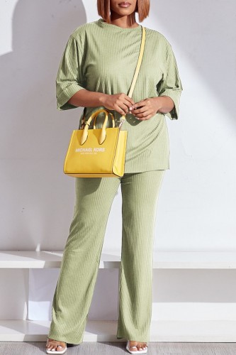 Green Casual Solid Basic O Neck Short Sleeve Two Pieces