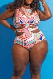 Blue Sexy Print Hollowed Out Patchwork O Neck Plus Size Swimwear (With Paddings)