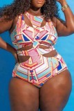 Blue Sexy Print Hollowed Out Patchwork O Neck Plus Size Swimwear (With Paddings)
