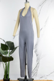Grey Sexy Solid Backless Halter Skinny Jumpsuits