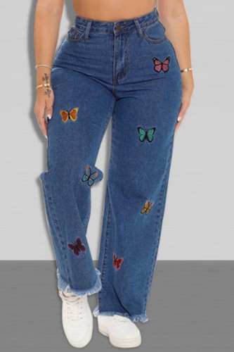 Dark Blue Casual Butterfly Embroidered High Waist Regular Denim Jeans