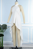 White Casual Solid Patchwork Fold With Belt Asymmetrical O Neck Sleeveless Two Pieces(With A Belt)
